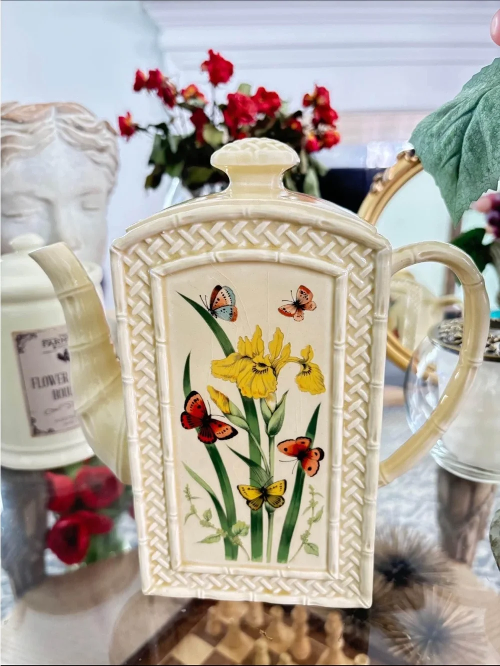 Japanese Ceramic Teapot with Yellow Iris & Butterfly Design